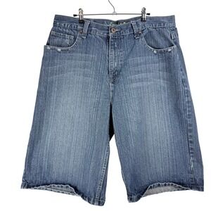 Vintage Y2K Baggy Denim Shorts Blue Embroidered Jorts Mens W40 L15 RN118005